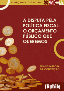 Capa do e-book com fundo em tons terrosos e tipografia sóbria. No topo, o título: “Orçamento Público e Exclusão Histórica da População Negra: o que está em disputa?” em letras brancas destacadas. Abaixo, o nome da autora: Eliane Barbosa. No centro da imagem, ilustrações estilizadas remetem a símbolos da ancestralidade e resistência negra. Na parte inferior, o logotipo do IROHIN – Centro de Documentação, com elementos gráficos que reforçam a identidade visual da publicação.